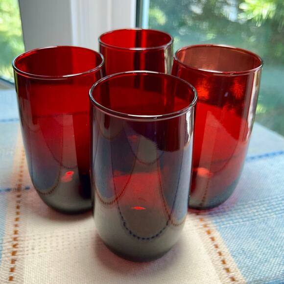 Vintage Ruby Red Glass Tumblers Set of 4, Cranberry Red Glasses - Picture 3 of 10